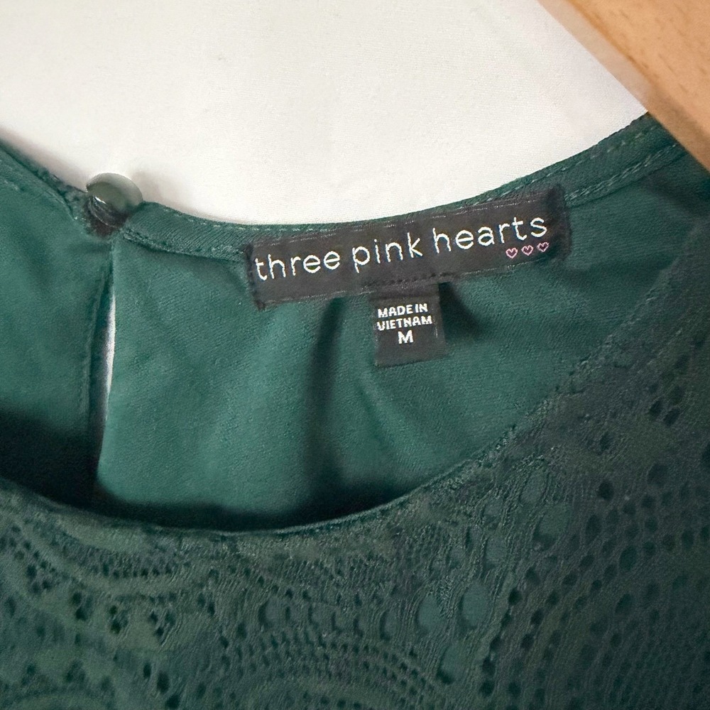 Three Pink Hearts Lace Lined Women's Medium Green Tank Boho Feminine Office - Picture 4 of 9
